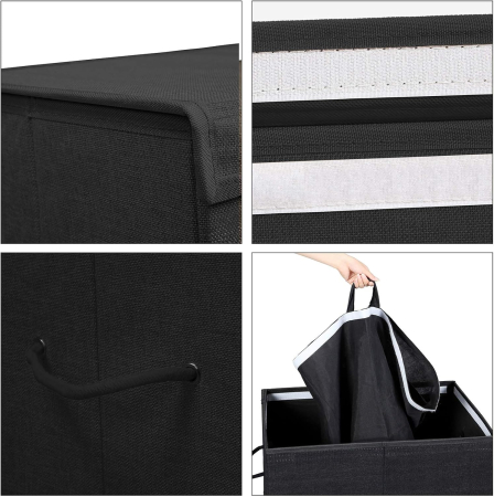 SONGMICS Cos de rufe textil, pliabil, 2 compartimente, saci detasabili, 142L, 60x36x66cm, negru [4]