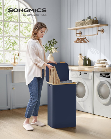 SONGMICS Cos de rufe textil, pliabil, compartiment detasabil, 90L, 42x32x71 cm, albastru [2]