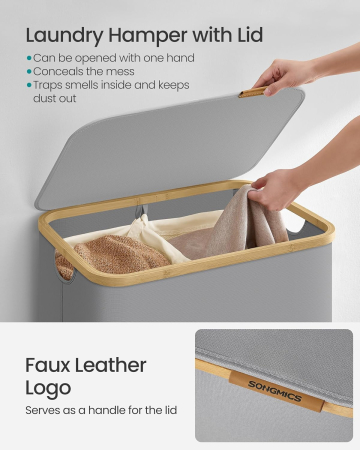 SONGMICS Cos de rufe textil, pliabil, cu 2 compartimente detasabile, 130L, 52x39x71 cm, gri [4]