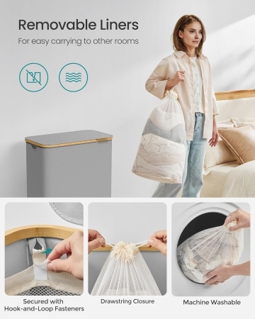 SONGMICS Cos de rufe textil, pliabil, cu 2 compartimente detasabile, 130L, 52x39x71 cm, gri [5]