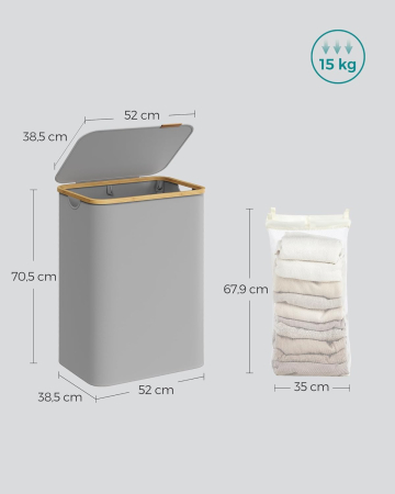 SONGMICS Cos de rufe textil, pliabil, cu 2 compartimente detasabile, 130L, 52x39x71 cm, gri [6]