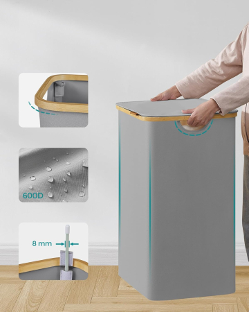 SONGMICS Cos de rufe textil, pliabil, cu 2 compartimente detasabile, 130L, 52x39x71 cm, gri [7]