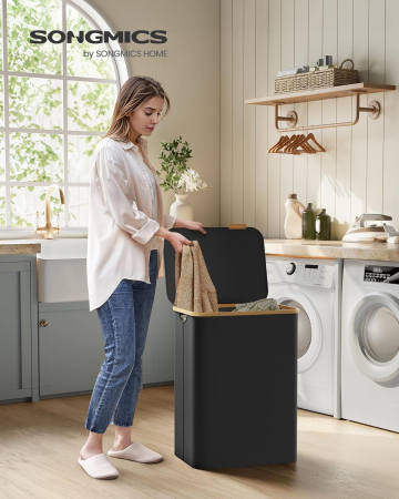 SONGMICS Cos de rufe textil, pliabil, cu 2 compartimente detasabile, 130L, 52x39x71 cm, negru [2]