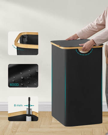 SONGMICS Cos de rufe textil, pliabil, cu 2 compartimente detasabile, 130L, 52x39x71 cm, negru [7]