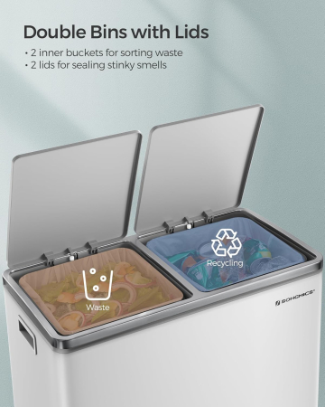 SONGMICS Cos gunoi dublu 59x32x65 cm, 2x30L, cu pedale si galeata detasabila, alb [2]