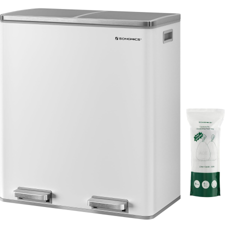 Produse în distribuție - SONGMICS Cos gunoi dublu 59x32x65 cm, 2x30L, cu pedale si galeata detasabila, alb