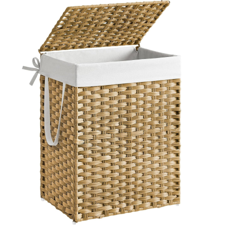 Produse în distribuție - SONGMICS Cos rufe cu capac, ratan sintetic si sac detasabil, 90 L, 46x33x60 cm, natur