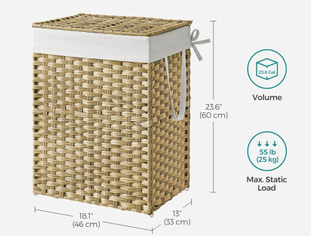 SONGMICS Cos rufe cu capac, ratan sintetic si sac detasabil, 90 L, 46x33x60 cm, natur [6]