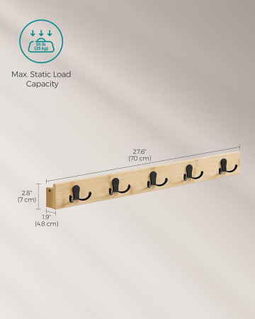 SONGMICS Cuier de perete pentru hol sau baie, 5 carlige duble, 5x70x7 cm, maro natural [6]