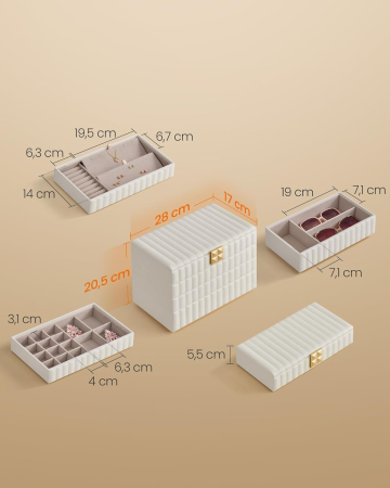 SONGMICS Cutie bijuterii 17x28x21 cm, 4 niveluri, oglinda, captuseala catifea, piele PU alba [4]