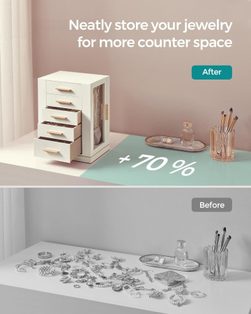 SONGMICS Cutie bijuterii rotativa 360°, cu 5 sertare si ferestre, MDF si catifea, 22x16x29 cm, alb [2]