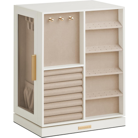 Cutii bijuterii/ceasuri - SONGMICS Cutie bijuterii rotativa 360°, cu 5 sertare si ferestre, MDF si catifea, 22x16x29 cm, alb
