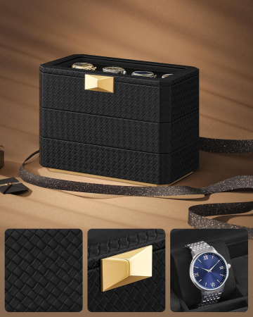 SONGMICS Cutie bijuterii si ceasuri Ronne, 3 niveluri, capac sticla, 27x20x16 cm, negru texturat [3]