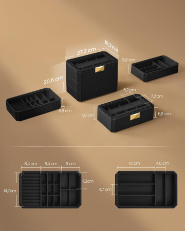 SONGMICS Cutie bijuterii si ceasuri Ronne, 3 niveluri, capac sticla, 27x20x16 cm, negru texturat [1]