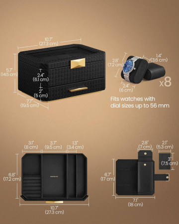 SONGMICS Cutie ceasuri Ronne Collection, 8 sloturi cu compartimente, piele PU impletita, 27x20x15 cm, negru [1]