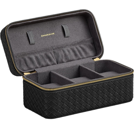 Cutii bijuterii/ceasuri - SONGMICS Cutie ceasuri Ronne Collection, pentru 3 ceasuri, piele PU aspect impletit, 10x20x9 cm, negru