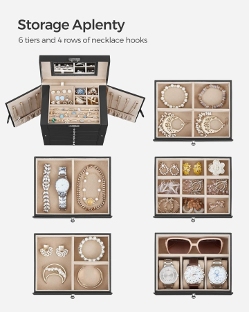SONGMICS Cutie de bijuterii 6 nivele, 5 sertare, oglinda, suport ceasuri, incuietoare, 16x26x32cm, negru [7]