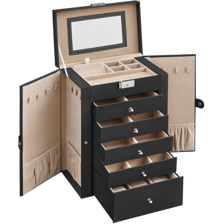Casă - SONGMICS Cutie de bijuterii 6 nivele, 5 sertare, oglinda, suport ceasuri, incuietoare, 16x26x32cm, negru