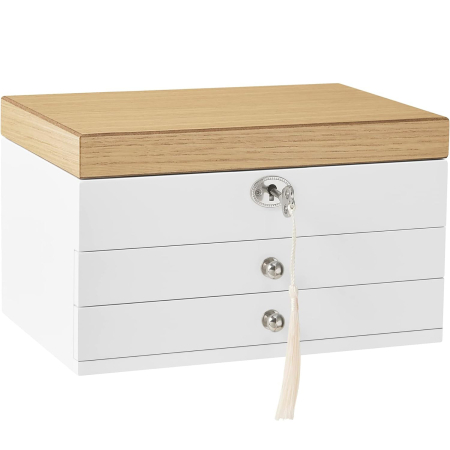 Produse în distribuție - SONGMICS Cutie de bijuterii cu 3 nivele, 2 sertare, capac cu oglinda, 17x25x15cm, alb si maro