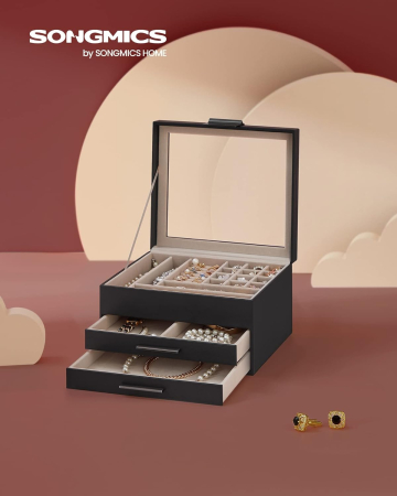 SONGMICS Cutie de bijuterii cu 3 nivele, 2 sertare, capac din sticla si incuietoare, 20x23x14cm, negru [3]