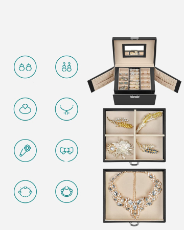 SONGMICS Cutie de bijuterii cu 3 nivele, 2 sertare, oglinda si incuietoare, 14x18x14cm, negru [2]