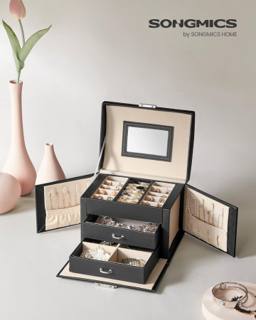 SONGMICS Cutie de bijuterii cu 3 nivele, 2 sertare, oglinda si incuietoare, 14x18x14cm, negru [1]