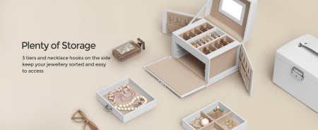 SONGMICS Cutie de bijuterii cu 3 niveluri, oglinda, incuietoare cu maner, 2 sertare, 14x18x14cm, alb [8]