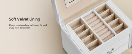 SONGMICS Cutie de bijuterii cu 3 niveluri, oglinda, incuietoare cu maner, 2 sertare, 14x18x14cm, alb [12]