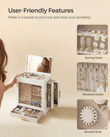 SONGMICS Cutie de bijuterii cu 3 sertare laterale, fereastra si oglinda mare, 16x26x32 cm, alb [4]