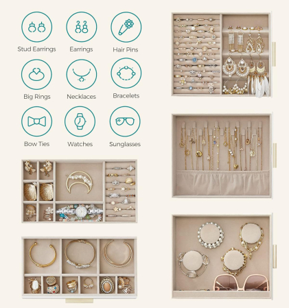 SONGMICS Cutie de bijuterii cu 3 sertare laterale, fereastra si oglinda mare, 16x26x32 cm, alb [3]