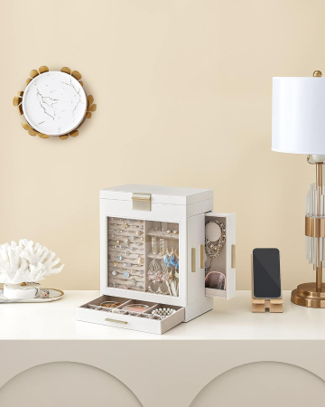 SONGMICS Cutie de bijuterii cu 3 sertare laterale, fereastra si oglinda mare, 16x26x32 cm, alb [7]