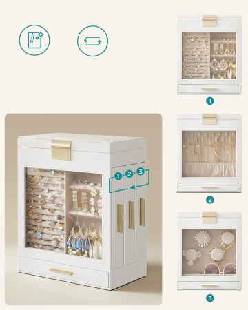 SONGMICS Cutie de bijuterii cu 3 sertare laterale, fereastra si oglinda mare, 16x26x32 cm, alb [2]