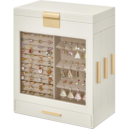 ORGANIZARE - SONGMICS Cutie de bijuterii cu 3 sertare laterale, fereastra si oglinda mare, 16x26x32 cm, alb