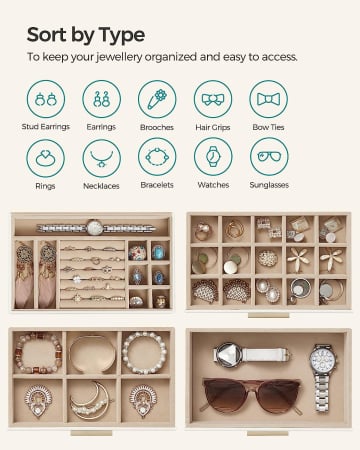 SONGMICS Cutie de bijuterii cu 4 nivele, 3 sertare, capac din sticla, 22x25x15cm, alb si auriu [2]