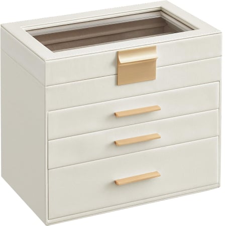 ORGANIZARE - SONGMICS Cutie de bijuterii cu 4 nivele, 3 sertare, capac din sticla, 22x25x15cm, alb si auriu