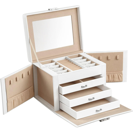 ORGANIZARE - SONGMICS Cutie de bijuterii cu 4 nivele, 3 sertare, oglinda si incuietoare, 18x23x17cm, alb