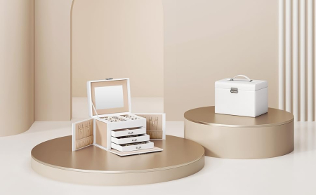 SONGMICS Cutie de bijuterii cu 4 nivele, 3 sertare, oglinda si incuietoare, 18x23x17cm, alb [3]