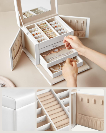 SONGMICS Cutie de bijuterii cu 4 nivele, 3 sertare, oglinda si incuietoare, 18x23x17cm, alb [8]