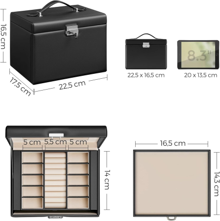 SONGMICS Cutie de bijuterii cu 4 nivele, 3 sertare, oglinda si incuietoare, 18x23x17cm, negru [3]