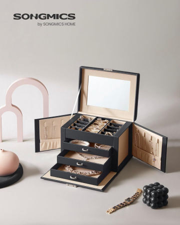 SONGMICS Cutie de bijuterii cu 4 nivele, 3 sertare, oglinda si incuietoare, 18x23x17cm, negru [7]