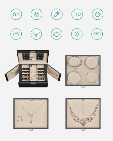 SONGMICS Cutie de bijuterii cu 4 nivele, 3 sertare, oglinda si incuietoare, 18x23x17cm, negru [6]