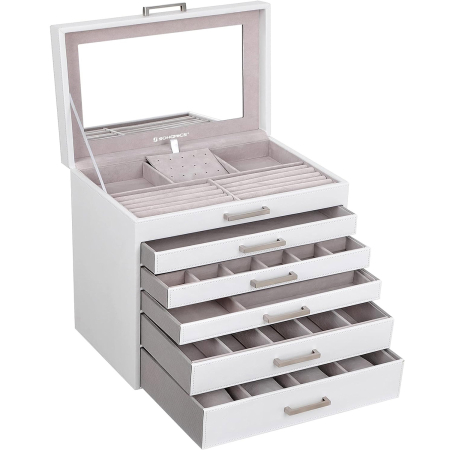 Produse în distribuție - SONGMICS Cutie de bijuterii din MDF cu 6 nivele, 5 sertare, cu oglinda 31x32x22cm, alb