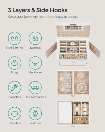 SONGMICS Cutie de bijuterii pe 3 nivele, 2 sertare, maner, inchidere cu cheie, 18x26x17cm, alb [8]