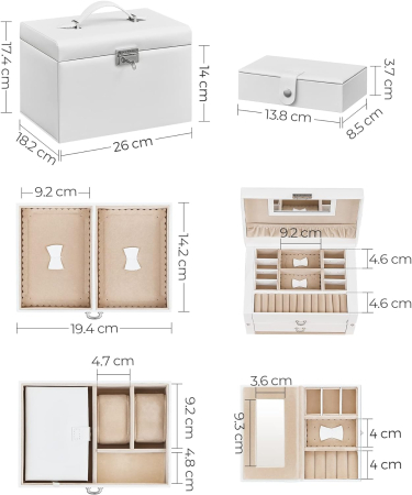 SONGMICS Cutie de bijuterii pe 3 nivele, 2 sertare, maner, inchidere cu cheie, 18x26x17cm, alb [13]