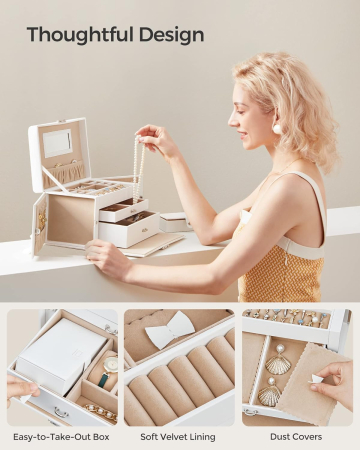 SONGMICS Cutie de bijuterii pe 3 nivele, 2 sertare, maner, inchidere cu cheie, 18x26x17cm, alb [12]