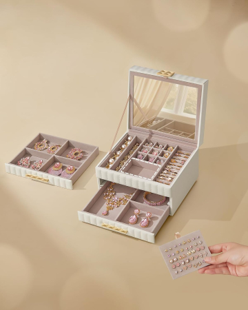 SONGMICS Cutie de bijuterii pe 3 nivele, cu oglinda si tavi detasabile, 22x24x16 cm, alb crem [3]