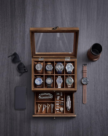 SONGMICS Cutie de ceasuri din lemn masiv, 8 compartimente si sertar bijuterii, 19x27x13cm, nuc rustic [1]