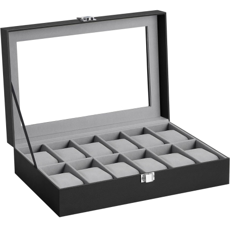 Produse în distribuție - SONGMICS Cutie depozitare si organizare ceasuri, cu 12 locuri, piele sintetica, cu capac de sticla, 20x30x8cm, negru