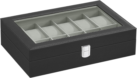 SONGMICS Cutie depozitare si organizare ceasuri, cu 12 locuri, piele sintetica, cu capac de sticla, 20x30x8cm, negru [7]