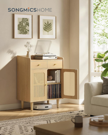 SONGMICS Dulap 70x40x90 cm, cu 2 sertare, raft reglabil si usi duble, MDF si lemn masiv, stil boho, stejar bej [1]